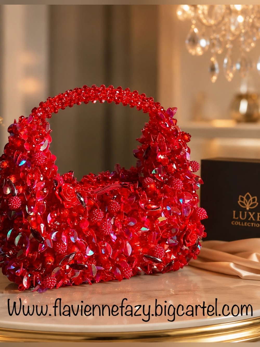 Red Floral Beaded Statement Handbag